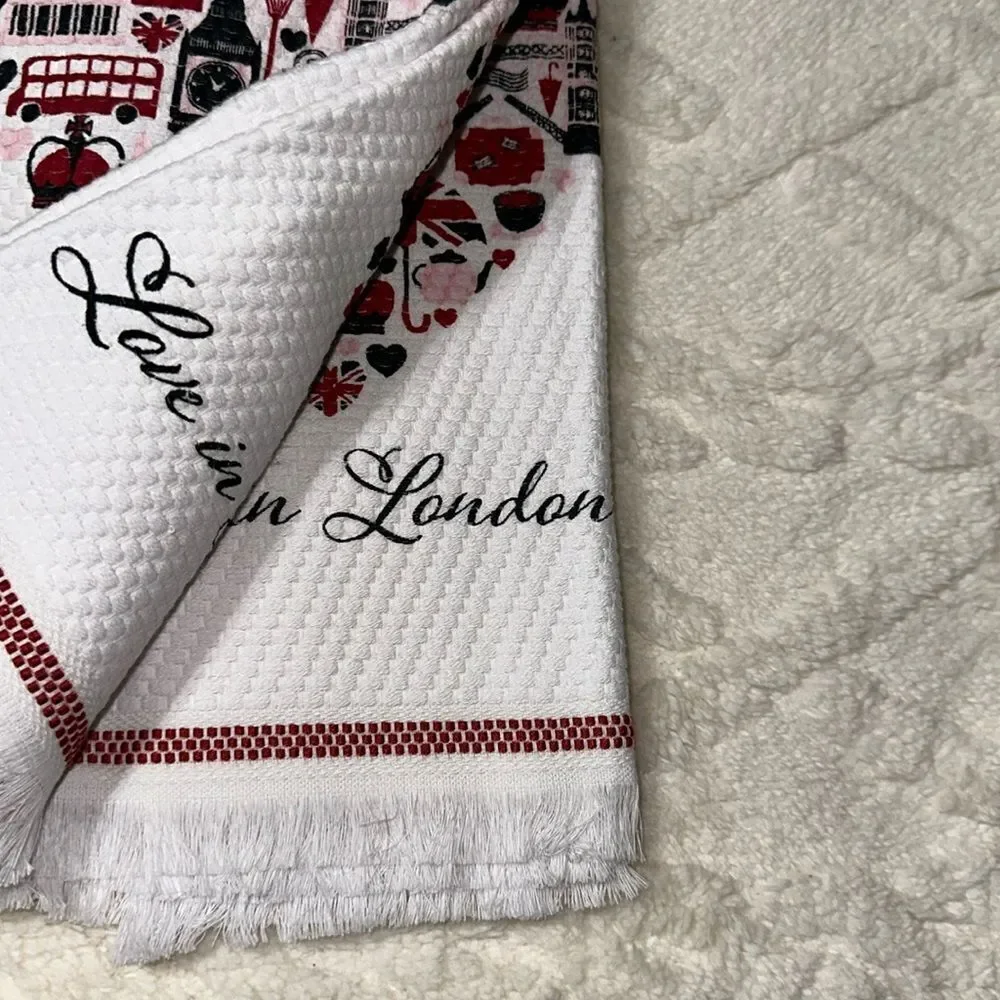 T & C Love in London White Red Pink Black Cotton Kitchen Towels set of 2